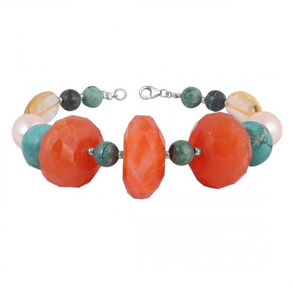 Carnelian / Turquoise / Pearl Beaded Bracelet - كارنيليان - فيروز - لؤلؤ