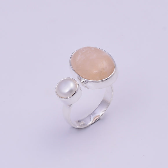 Morganite Pearl Gemstone - خاتم حجر المورغنايت واللؤلؤ