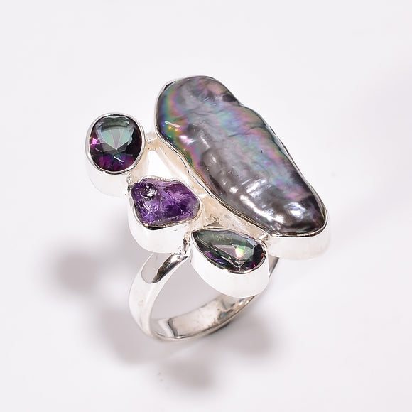 Black Pearl,MysticTopaz&Amethyst Gemstone -خاتم اللؤلؤ والامثيست والتوباز الصوفي