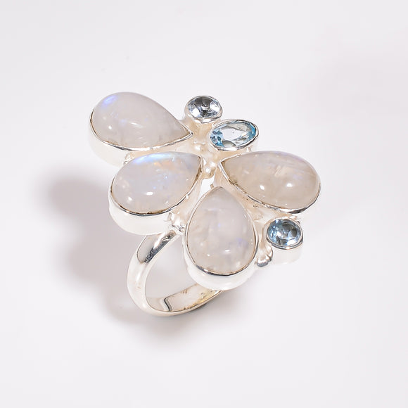 Blue Topaz + Rainbow Moonstone+ Aquamarine ring- خاتم حجر  التوباز الأزرق، وحجر القمر و الاكوامارين