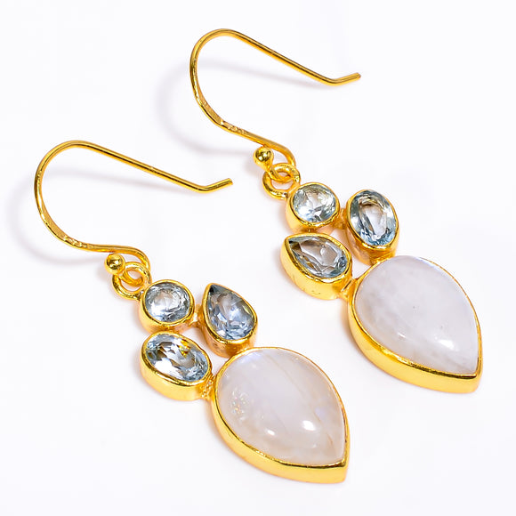 Natural Rainbow Moonstone - حلق حجر القمر والتوباز الازرق