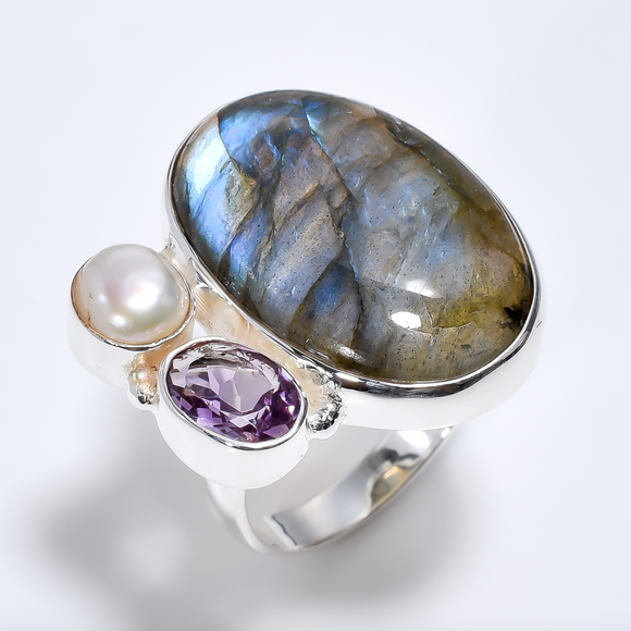 Fire Labradorite Amethyst  ring - يخفف من القلق والتوتر والصداع
