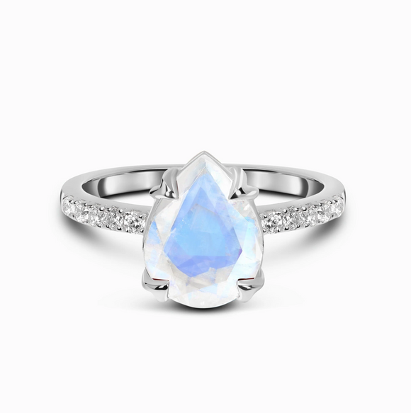 Moonstone Raw Crystal & White Topaz Ring - خاتم حجر القمر والتوباز الابيض