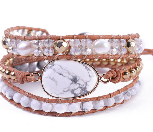 WHITE HOWLITE WRAP BRACELET  - اسوارة حجر الهولايت |صبر، استقبال، عاطفة، دوافع