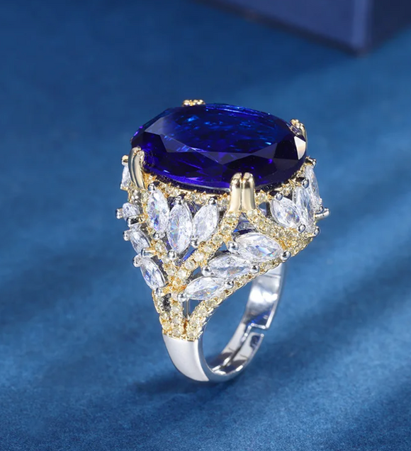 Sapphire Gemstone  &  White Topaz Ring -  خاتم الزفير - الياقوت الازرق