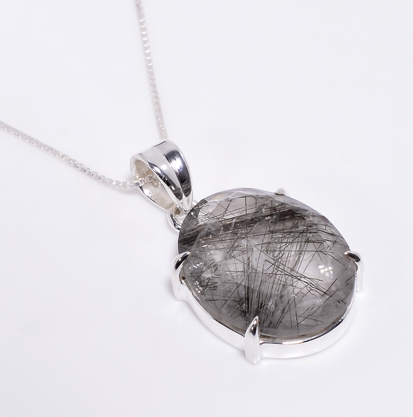 Rutile Oval Cut Gemstone 925 Sterling Silver Pendant with Box Chain - الروتيل كوارتز