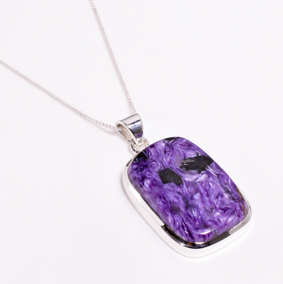 Charoite Gemstone 925 Sterling Silver Pendant With Box Chain Necklace - حجر الشاروايت