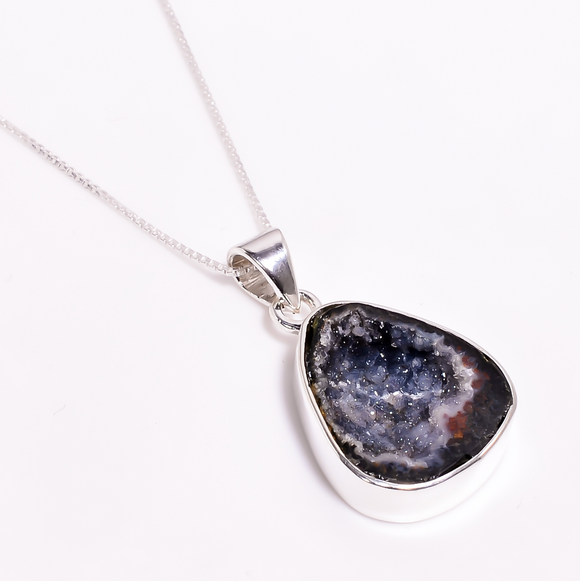 Geode Druzy Gemstone 925 Sterling Silver Pendant Necklace With Box Chain -عقيق الجيود