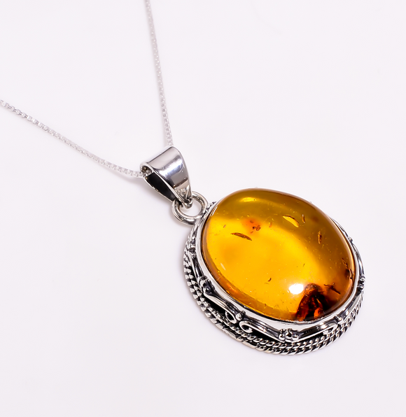 Amber Gemstone 925 Sterling Silver Pendant With Box Chain - حجر العنبر البلطيقي