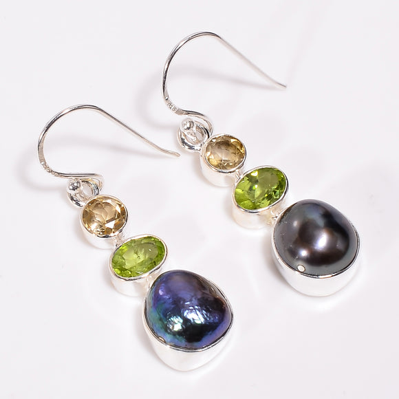 Black Pearl ,Peridot, Citrine Earrings- حلق اللؤلؤ الاسود و الزبرجد و السترين