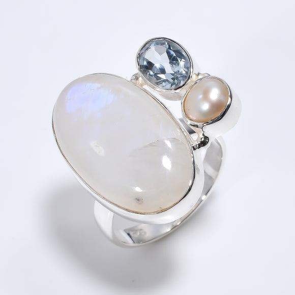 Rainbow Moonstone ,Blue Topaz  and pearl Ring- حجر الازدهار والنمو والبدايات والتعبير