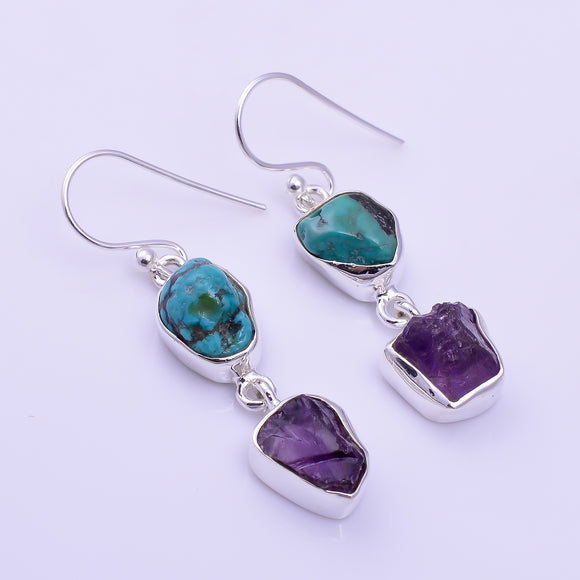 Turquoise Amethyst Raw Gemstone Earrings - حلق الفيروز والامثيست