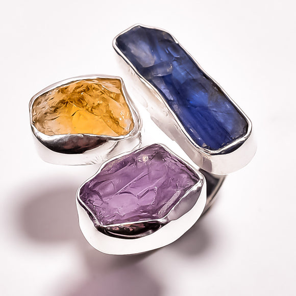 Blue Kyanite Citrine Amethyst Ring - الكاينايت، السترين، الامثيست