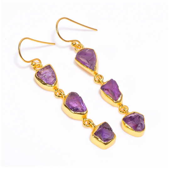 Natural Amethyst Raw Gemstone Earrings-حلق حجر الأمثيست